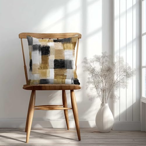 Black Gold Abstract Throw Pillow Covers 18x18 Inch, Set of 2 | Modern Geometric Brush Stroke Square Cushion Cases for Couch Sofa Bedroom | Contemporary Neutral Home Decor Pillowcases - color: Gingham Gold