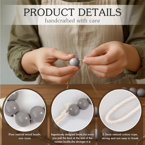 Hion 2 Pcs Boho Curtain Tiebacks,Wood Beads Curtain Holdbacks,Outdoor Farmhouse Tie Backs for Curtains,Curtain Holders for Drapes Home Office Room Decor with Hooks(Grey) - color: Grey, size: 2 Pack