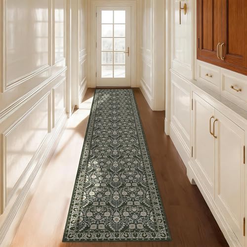 2x10 Washable Runner Rug for Hallways: Non Slip Boho Floral 2'x10' Long Botanical Rugs for Kitchen,Laundry,Bedroom - Indoor Green Rugs Soft Low Pile Carpet Runners with Rubber Backing - color: Green, size: 2' x 10' (Rectangular)