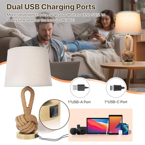 vallerico 22" Rope Lamps for Night Stands, Bedside Lamps Set of 2, 3-Color Temperatures Boho Lamp with Rotary Switch, Table Lamps for Living Room Bedroom, Rattan Lamp with USB Ports, Bulbs Included