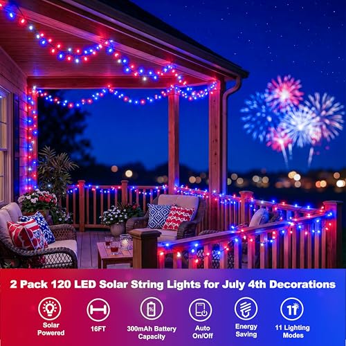 Forlivese 2 Pack Red White and Blue Solar String Lights Outdoor, 240 LED 4th of July Lights with 11 Modes, 2 Festival Color Patriotic Lights Waterproof for Independence Day Christmas, RWB & Warm - color: Red White Blue & Warm White, size: 120LED*2pcs-sola