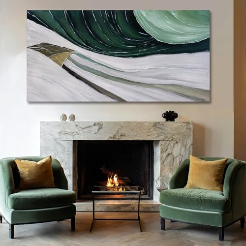 MLART99 Large Abstract Wave Painting Green and White Modern Canvas Wall Art Painted Line Texture for Bedroom Living Room Home Decor 29x58 Inch - color: Green and White, size: 58"L x 29"W