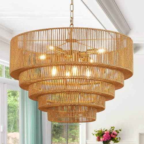 25.6" Large Boho Rattan Chandelier, 8-Light Vintage Farmhouse Hand Woven Wicker Chandeliers Light Fixture, 5-Tier Rustic Drum Pendant Light for Dining Room Kitchen Island Living Room, E12 - color: Golden 25IN