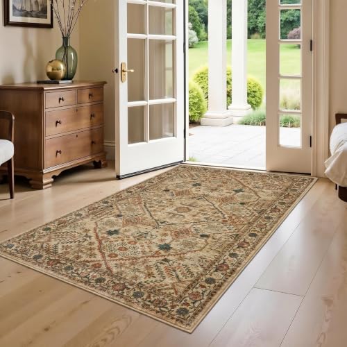 Joydeco 3x5 Area Rugs for Living Room Vintage, Tan | Non Slip Machine Washable Low Pile for Bedroom Dining Room Home Office Pet & Child Friendly - color: Tan, size: 3' x 5' (Rectangular)