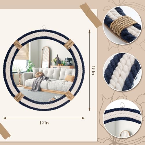 Vercraft Nautical Coastal Mirror 16" Wall Decor with Rope Wrapped Trim and Hanging Loop Round Circle Nursery Mirror Nautical Boho Rustic Decorative for Living Room, Bedroom Blue and White - size: 16"L x 16"W