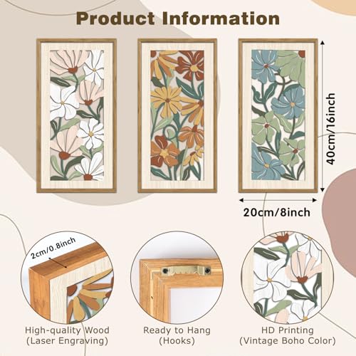KAIRNE Vintage Colorful Floral Wooden Wall Art Set of 3,Abstract Boho Wood Decoration,Mid Century Modern Flower Wall Decor,Minimalist Wildflower Artwork for Living Room Bedroom Office,8X16 inch - color: Vintage Colorful Floral, size: 8"L x 16"W