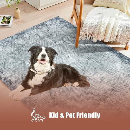 YARNSCAPE 3' x 5 ' Washable Area Rug - Low Pile Soft Vintage Indoor Rug for Living, Dining or Bedroom - Lightweight Carpet with Non-Slip Backing - Foldable for Easy Placement, Blue - color: Texture-blue, size: 3' x 5' (Rectangular)