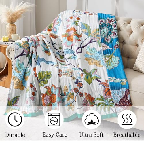 Boho Blanket Soft Muslin BohoThrow Blanket, 100% Cotton Floral Printed Farmhouse Decor All Season Reversible Rustic Throw for Sofa Couch Chair (90"x98") - color: Green, size: 90"x98"