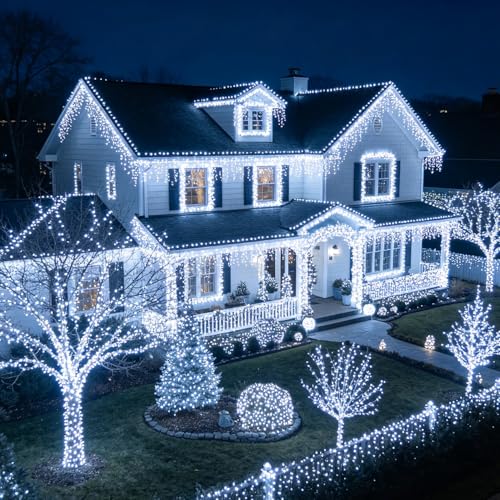 LJLNION 300 LED String Lights Outdoor Indoor, Extra Long 98.5FT Super Bright Christmas Lights, 8 Lighting Modes, Plug in Waterproof Fairy Lights for Holiday Wedding Party Bedroom Decorations ( White) - color: White