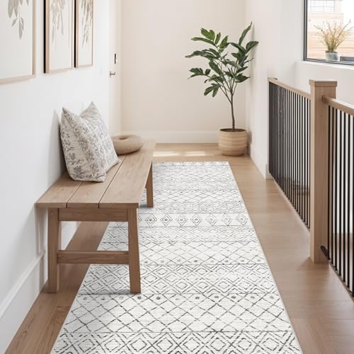 Hallway Runner Rug Washable 2'6"x8': Moroccan Non Slip Runner Rugs Soft Indoor Floor Carpet Low Pile Mat with Rubber Backing for Living Room Kitchen Bedroom 2'6"x8' Geo Grey - color: Geo Grey, size: 2'6" x 8' (Rectangular)