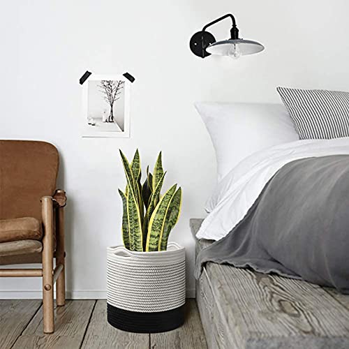 Jute Rope Plant Basket Hand Woven Flower Pot Basket for 6" Flower Pot Floor Indoor Planters Modern Storage Organizer Foldable Basket Rustic Home Decor White Stitching Black H6 3/4" x W6 1/2"