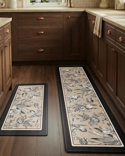 LUMI Anti-Fatigue Kitchen Floor Mats Set of 2,Cushioned Comfort Standing Rug Waterproof 2PCS, Non-Slip Ergonomic Foam Runner for Sink, Laundry, Office & Home,17x29+17x59, - color: Cream Black, size: 59"L x 17"W x 0.4"Th + 30"L x 17"W x 0.4"Th