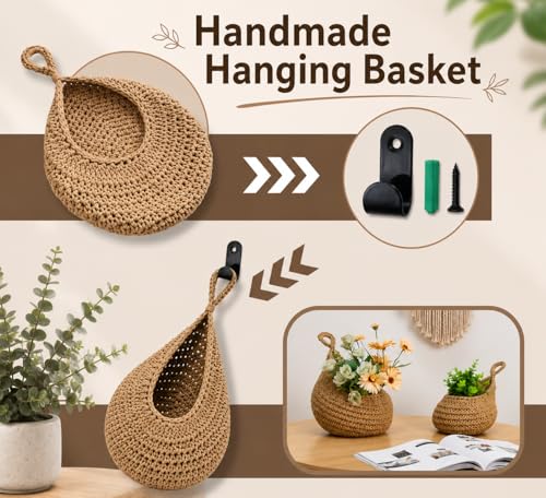 Boho Decor Hanging Fruit Baskets for Kitchen, 3 Pack Handwoven Teardrop Wall Hanging Baskets with Hooks, Storage for Fruits, Onions, Vegetables & Potatoes, 3 Sizes for Home, Linen - color: Linen