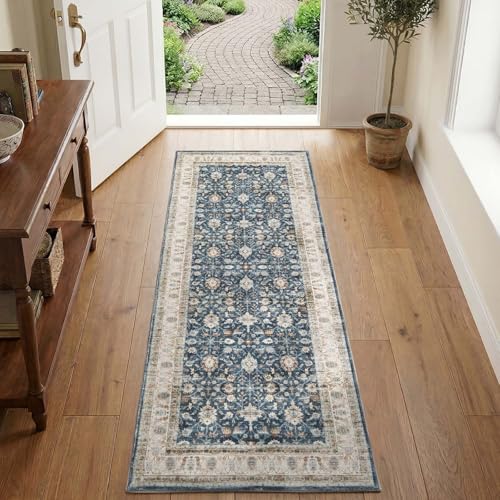 jinchan 2x6 Washable Vintage Runner Rug, Distressed Traditional Floral Kitchen Runner, Soft Low-Pile Non-Slip Floor Mat High-Traffic Aisle Hallway Rug for Entryway Laundry Room Bathroom, Blue - color: Oriental Beige on Dark Blue, size: 2' x 6' (Runner)