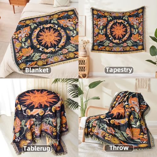 Boho Throw Blanket Reversible Cotton Bohemian Tapestry Hippie Room Decor Outdoor Blanket Double Sided (Boho Sun Black 50"x60") - color: Boho Sun 5, size: 50*60 inch