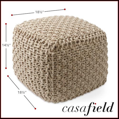 Casafield Square Pouf Ottoman, Beige Ivory - 18.5" W x 18.5" D x 14.5" H Cotton Knit Foot Stool - Boho Floor Pouffe for Living Room, Bedroom, Office - color: Beige Ivory, size: 18.5"D x 18.5"W x 14.5"H