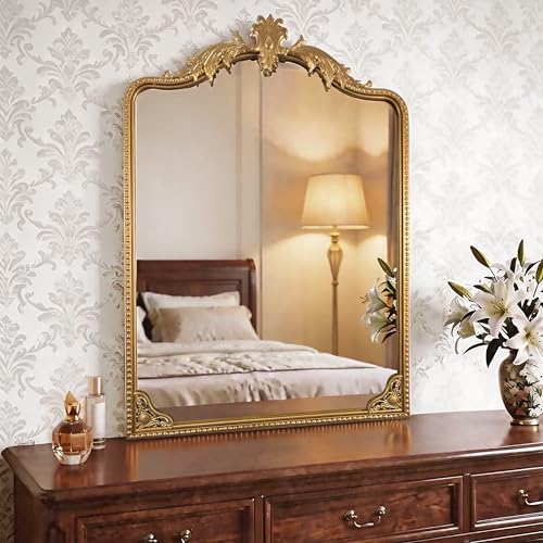 Arched Gold Carved Wall Mirror - 40''x28'' Vintage Gold Large Baroque Wall-Mounted Mirror - Iron Frame with Beaded Trim - Antique French Ornate Mirror for Entryway/Hallway/Fireplace/Bathroom - color: Carving - Vintage Gold (40"l X 28"w)