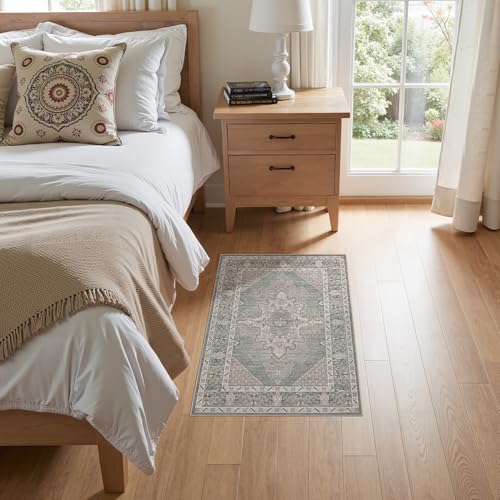 Tortania Area Rug 2x3 Doormat - Washable Vintage Oriental Farmhouse Soft Thin Indoor Carpet for Living Room Bedroom Hallway Entryway Kitchen - Green Gray - color: Green Gray, size: 2' x 3' (Rectangular)