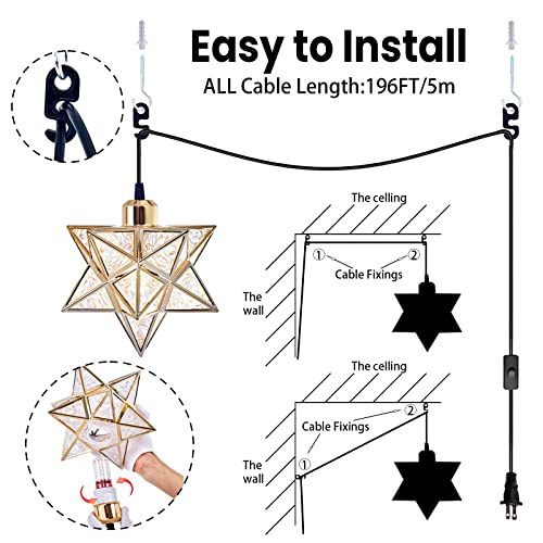 AECBUY Vanity Star Hanging Lamp with Metal and Frosted PVC Lampshade, Gold Vintage Plug in Pendant Light, Modern Ceiling Light Fixture for Bedroom Nightstand, Bathroom, Barn(ddct210929B05) - color: Gold-Matt