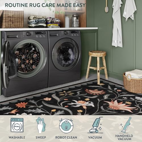 Lahome Boho Floral 2'6"x8' Washable Runners for Hallways, Kitchen Runner Rugs Non Skid Ultra-Thin, Soft Hallway Rug Throw Carpet Runners for Bedroom Bathroom Laundry Room (Black,2.6x8ft) - color: Black, size: 2'6" x 8' (Runner)