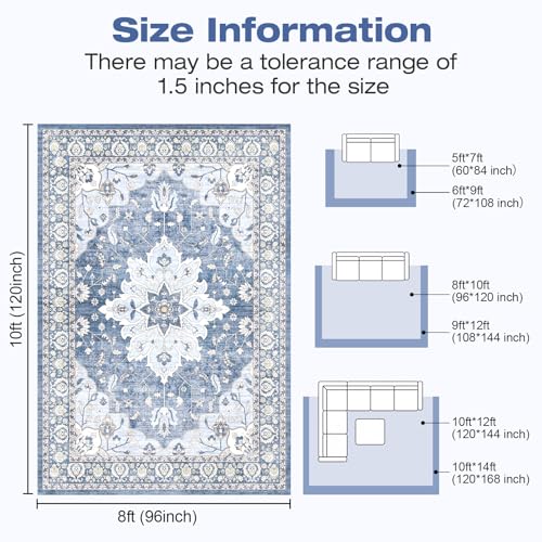 8x10 Area Rugs for Living Room, Machine Washable Boho Vintage Rug, Waterproof Surface & Non-Slip Backing, Foldable Soft Low Pile Floral Medallion Carpet for Bedroom Dining Room - color: Blue/Cream, size: 8' x 10' (Rectangular)