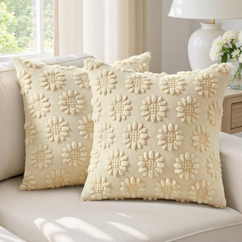 EMEMA Beige Floral Tufted Throw Pillow Covers, Set of 2 Soft Textured Decorative 20x20 Cushion Cases Bringing a Light, Cozy Layer to Sofa, Couch, Bedroom or Modern Farmhouse Living Room Décor - color: Beige-little Flower, size: 20" x 20" (Pack of 2)