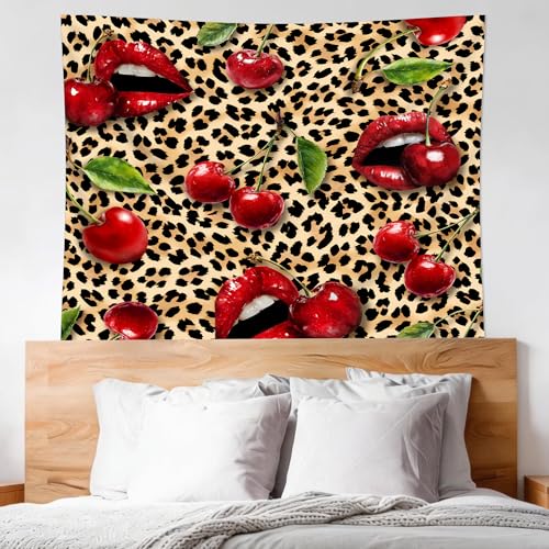 Cinbloo Cheetah Leopard Tapestry 59Wx51H Inch Lips Cherry Red Burgundy Brown Wall Hanging for Womwn Girly Girls Fashion Cute Classroom Home Dorm Decor Art Living Room Bedroom - color: C-Red Brown