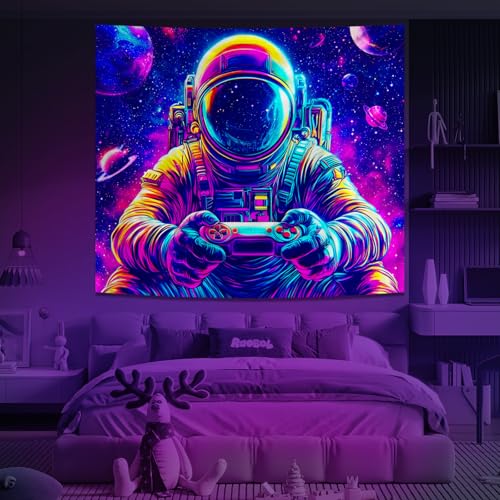 Tichgeim Blacklight Astronaut Space Tapestry for Men,Game Controller Cool Tapestry Glow in The Dark UV Wall Art for Bedroom Decor,Funny Anime Poster Wall Hanging for Boys 60" L x 51" W - color: Blacklight Space Astronauts Tapestry, size: 60"L x 51"W