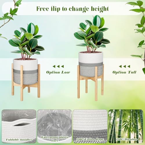 Plant Basket with Stand Indoor Planter Pot Holder Sturdy Jute Rope Modern Woven Basket, Cotton Rope Woven Pot with Bamboo Stand(10 Inch,White and Gray) - color: White and Gray, size: 10 Inch