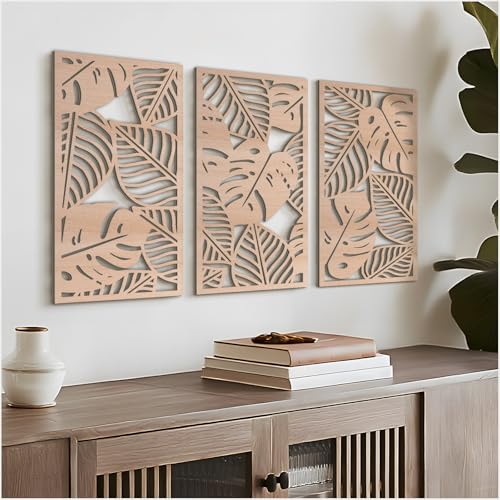 VIYYIEA Boho Solid Wood Carved Wall Art Set of 3, Geometric Minimalist Wooden Home Decor Panels, Handcrafted Solid Wood Wall Hanging for Living Room Bedroom Hallway, 16 x 8 Inch Each (Leaves Oak) - color: Leaves