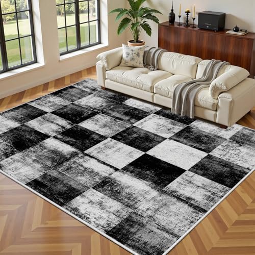 Distressed Plaid Rugs, 2x3 Rug, Black and White Checkered Rugs for Entryway, Abstract Modern Door Mat Indoor Entrance, Washable Area Rug, Small Carpet, Low Pile Non Slip, Contemporary Home Decor - color: Black2, size: 2x3 ft