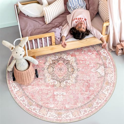 Pink Round Rug 4ft, Circle Washable Area Rugs for Bedroom Bathroom Entryway Kitchen, Small Boho Vintage Bohemian Distressed Oriental Floral Carpet Non Slip,Blush Floral Flowers - color: Pink, size: 4'x4'