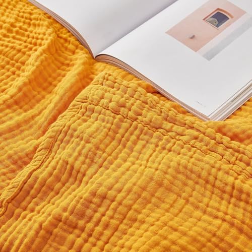 EMME Cotton Throw Blanket for Couch Mustard Yellow Soft Muslin Blankets 50"x60" Lightweight Breathable - color: 15 - Mustard Yellow, size: Throw (50" x 60")