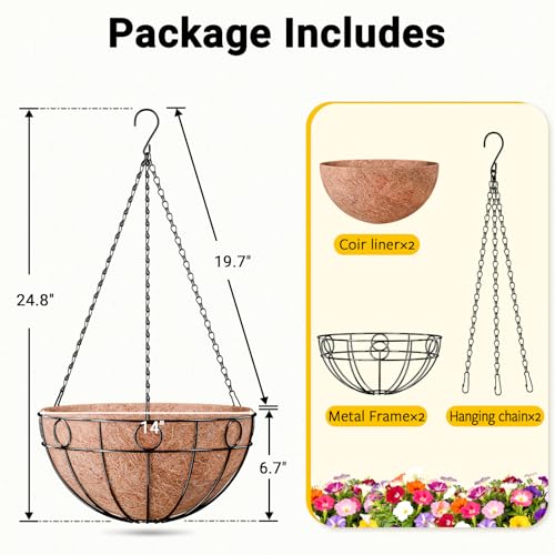 ZeeDix 2 Pack 14 Inch Metal Outdoor Plant Hanging Baskets, Round Wire Planter Basket with Coco Coir Liner, Large Hanging Flower Pots for Outdoor Garden Yard Patio Porch Balcony Decor - size: 14 Inch