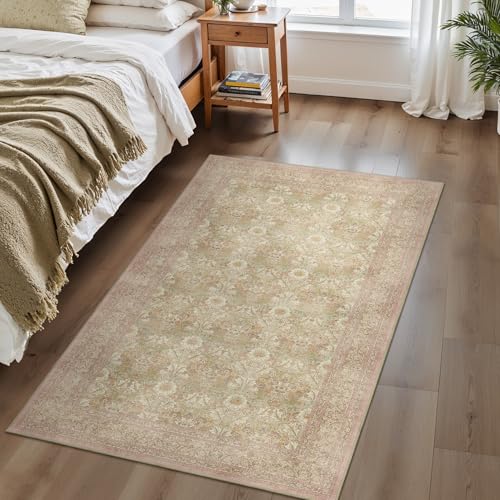 Bavni 3x5 Vintage Floral Rug, Washable Non Slip Area Rug for Entryway, Bedroom, Kitchen or Living Room, Low Pile Carpet, Brown Pink - color: Brown Pink, size: 3' x 5' (Rectangular)