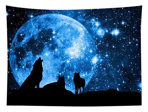 HVEST Wolf Tapestry Wall Hanging Full Moon in Blue Space Tapestries Wild Animal Wolves Wall Decor Blanket for Kids Bedroom Living Room Dorm Party (48X36) - color: Blue, size: 36"L x 48"W