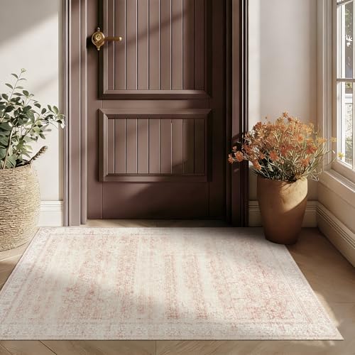 Pink Small Throw Rug for Bedreoom 2x3 Washable Boho Vintage Distressed Aesthetic Style Light Pink Floral Non Slip Cute Area Rugs for Side of Bed Teen Girls Room Kitchen Bathroom Entryway 2 x 3 - color: Pink, size: 2' x 3' (Rectangular)