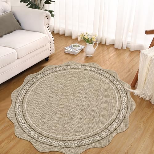 GarveeHome Scalloped Round Rugs 6Ft Washable Area Rug for Playroom, Kids Non-Slip Neutral Classic Circle Rug Modern Large Carpet Soft Boys Rug for Classroom Dorm Bedroom, Jute Color - color: Jute Color, size: 6' (Round)