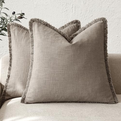 Foindtower Set of 2 Decorative Linen Fringe Throw Pillow Covers Boho Farmhouse Cushion Cover with Tassels Accent Pillowcase for Couch Chair Sofa Bed Living Room Home Decor,16×16 Inch,Dune - color: Dune, size: 16" x 16" (Pack of 2)