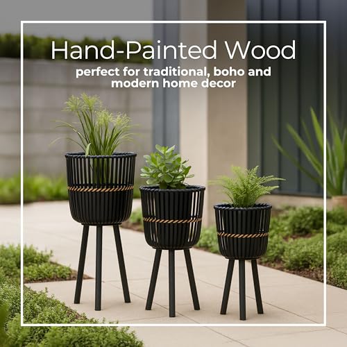 Decorative Bamboo Footed Planters for Home Decor - Garden Plant Pots for Indoor Living Room Decor or Outdoor Patio Areas - Flower Pots for Entryway and Backyard - Set of 3, 27", 23", 19", Black - color: Woven Black, size: 26" H