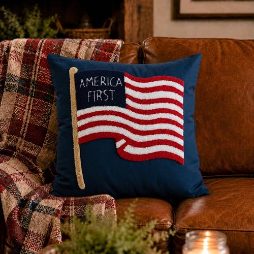 Patriotic America First Throw Pillow Cover, 4th of July Navy Blue 3D Tufted Embroidered Pillowcase, Americana USA Flag Decor for Independence Day, Election Year Party, 18x18 Inch, 1 Piece, Cover Only - color: Waving Flag