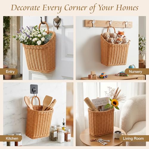 MIPON 2 Pack Handmade Woven Hanging Waterproof Plastic Rattan Wicker Basket | Wall Mounted Organizer, Small & Large Storage, Bathroom, Kitchen, Entryway, Farmhouse Decor