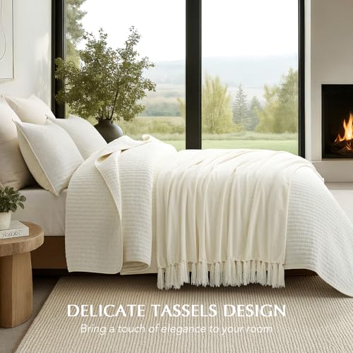 EverGrace Soft Chenille Throw Blanket for Couch, Cozy Plush Fuzzy Decorative Chenille Knit Throw Blanket with Tassels, Lightweight Blanket and Throws for Bed Sofa Gift Home Decor, Ivory White 60"x80" - color: Ivory White, size: 60"x80"
