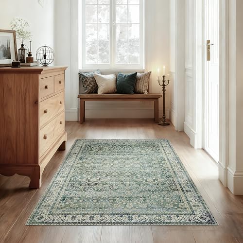 3x5 Area Rug for Entryway Indoor Low Pile Green Rugs with Washable Non Slip Boho Vintage Distressed Ultra Thin Entry Way Rugs for Kitchen Laundry Room Bathroom Inside House,3 x 5,Dark Green and Blue - color: Dark Green, size: 3' x 5' (Rectangular)