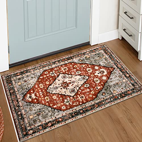 Lahome Felice Boho Tribal Area Rug - 2x3 Small Red Oriental Entryway Rugs for Bedroom, Soft Washable Non Slip Bathroom Mat Indoor Throw Carpet for Laundry Room Foyer Bedside Living Room - color: Red, size: 2' x 3' (Rectangular)