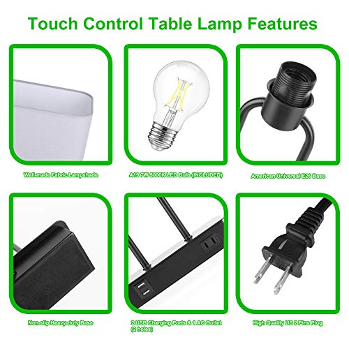 Lakumu Bedside Touch Control Table Lamps with Dual USB Charging Ports 1 AC Outlet, 3 Way Dimmable Modern Nightstand Lamp with Grey Fabric Shade, Desk Lamp for Bedroom Living Room with 5000K LED Bulb - color: Gray