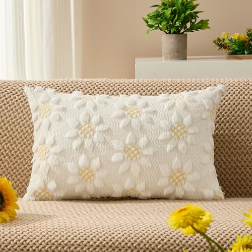 DFXSZ Spring Summer Pillow Covers 12x20 inch Set of 2 Farmhouse Decor Yellow Color Flower Heart Sunflower Soft Plush Faux Fur Jacquard Throw Pillows for Sofa Holiday Spring Home Decor PTK024C12 - color: Cream White, size: 20" x 12" (Pack of 2)