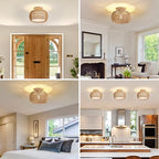Rattan Ceiling Light Fixture，3 Style Options Boho Flush Mount Ceiling Lights, Hand-Woven Rattan Chandelier,Mini Bohemian Wicker Light Fixtures, Farmhouse Light Fixture for Bedroom Hallway Entryway - color: Light Brown