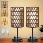 Bedside Lamps Set of 2, Touch Control Night Stand Lamp for Bedroom with Rattan & Linen Shade & Bulbs, 3 Way Dimmable Small Boho Table Lamps with USB Charging Port & Phone Stand (Coffee Color) - color: Coffee-2pack