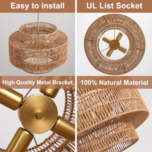 17.7”Boho Rattan Chandelier for Dining Room, 4-Light Hand Woven Pendant Light Fixture Farmhouse Rustic Ceiling Hanging for Kitchen Island Bedroom Living Room Nursery Foyer - size: 17.7″ Brown